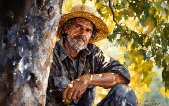 A man with a beard wearing a straw hat and a worn shirt sits under a tree, surrounded by sunlight filtering through green leaves, looking thoughtfully into the distance.