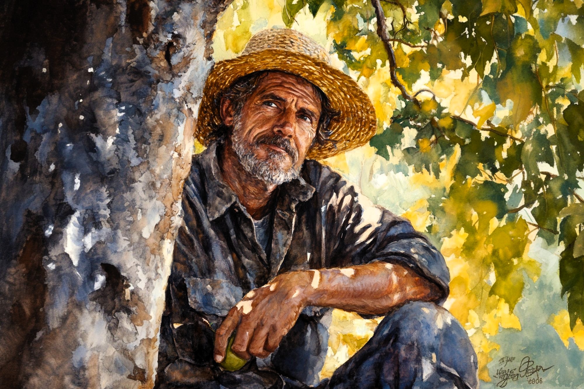 A man with a beard wearing a straw hat and a worn shirt sits under a tree, surrounded by sunlight filtering through green leaves, looking thoughtfully into the distance.