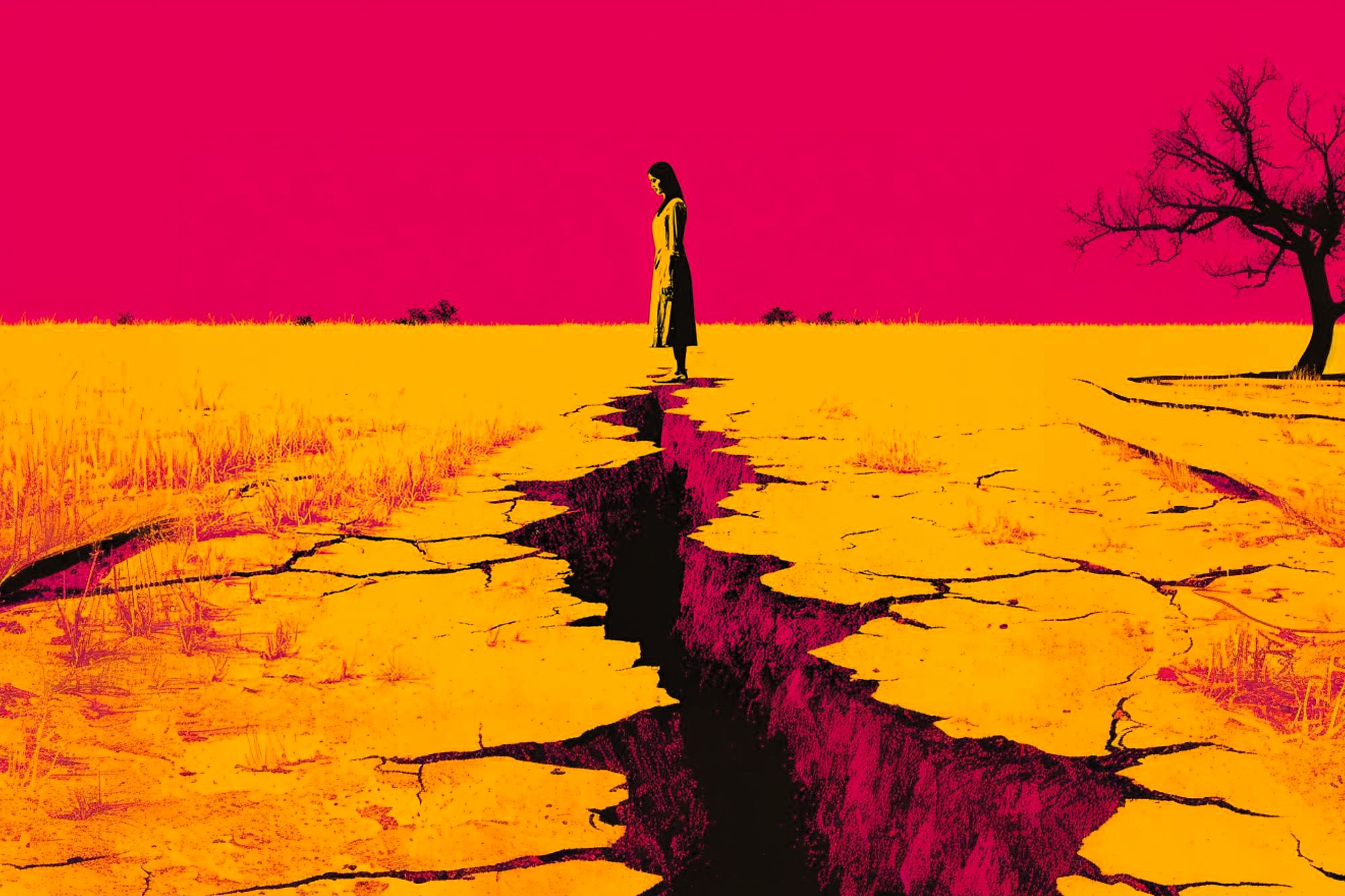 A woman stands at the edge of a deep crack in dry, yellow earth under a vivid pink sky, with a barren tree to the right and sparse vegetation in the background.