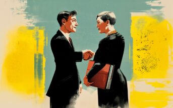 A man and a woman in business attire shake hands and smile at each other. The woman holds folders, and the abstract background features blue and yellow tones.