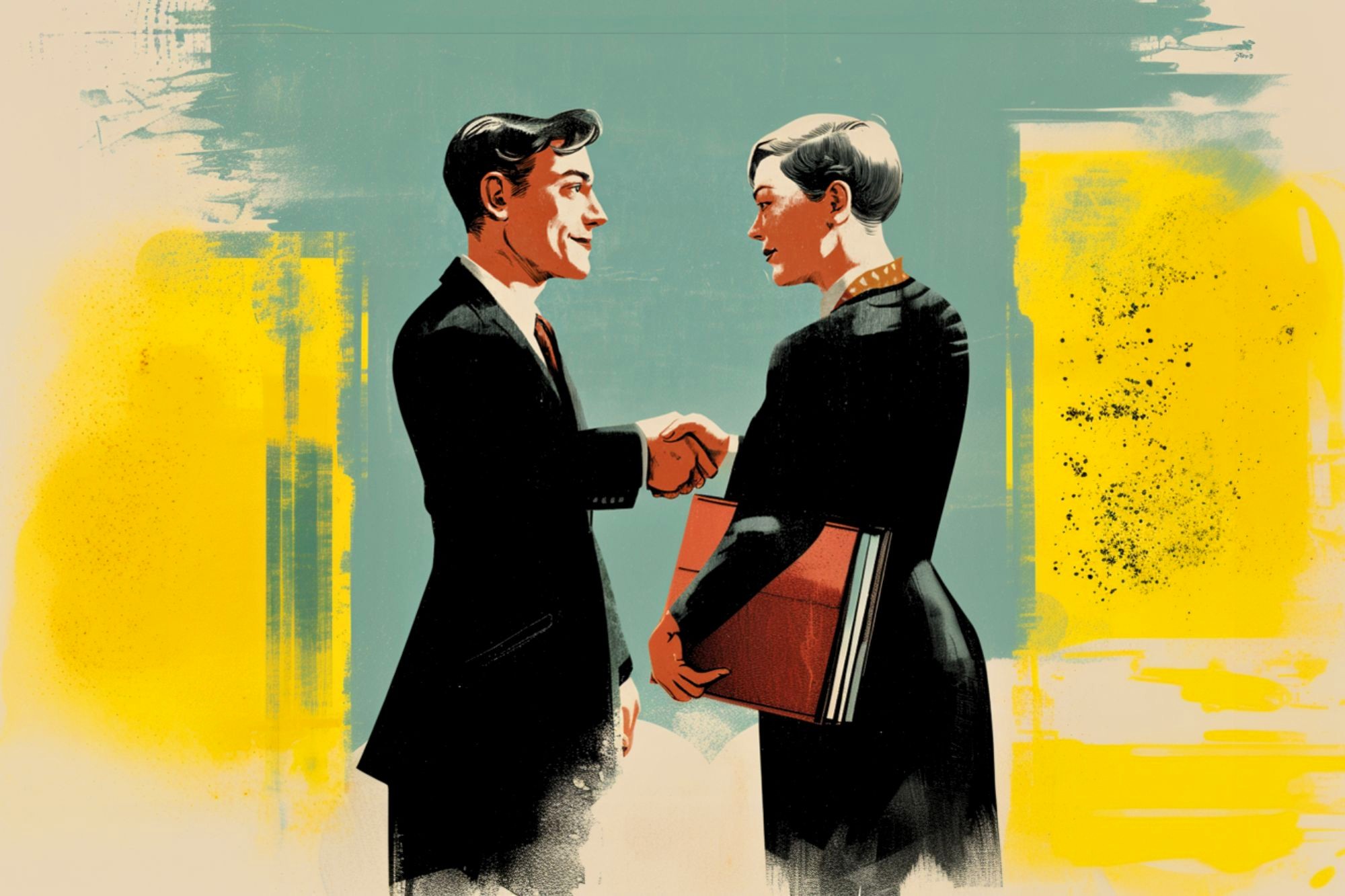 A man and a woman in business attire shake hands and smile at each other. The woman holds folders, and the abstract background features blue and yellow tones.