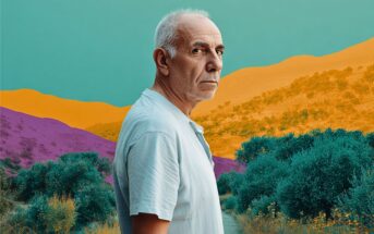An older man with short gray hair stands outdoors, wearing a light blue shirt, against a colorful, abstract landscape featuring purple, orange, and teal hills and green vegetation.