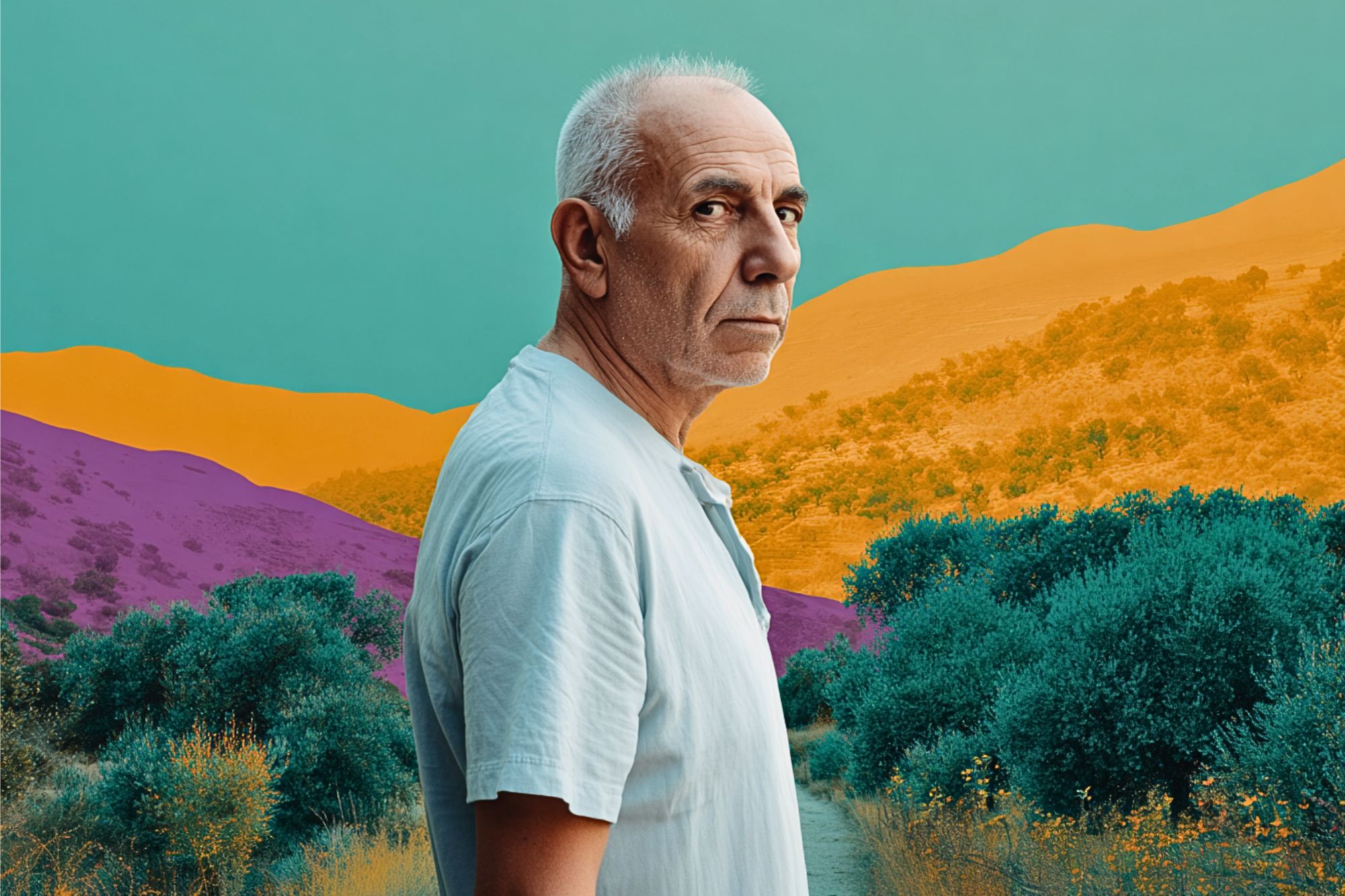 An older man with short gray hair stands outdoors, wearing a light blue shirt, against a colorful, abstract landscape featuring purple, orange, and teal hills and green vegetation.