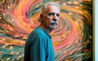 A middle-aged man with gray hair and a mustache looks over his shoulder in front of an abstract background of swirling orange and green lines.