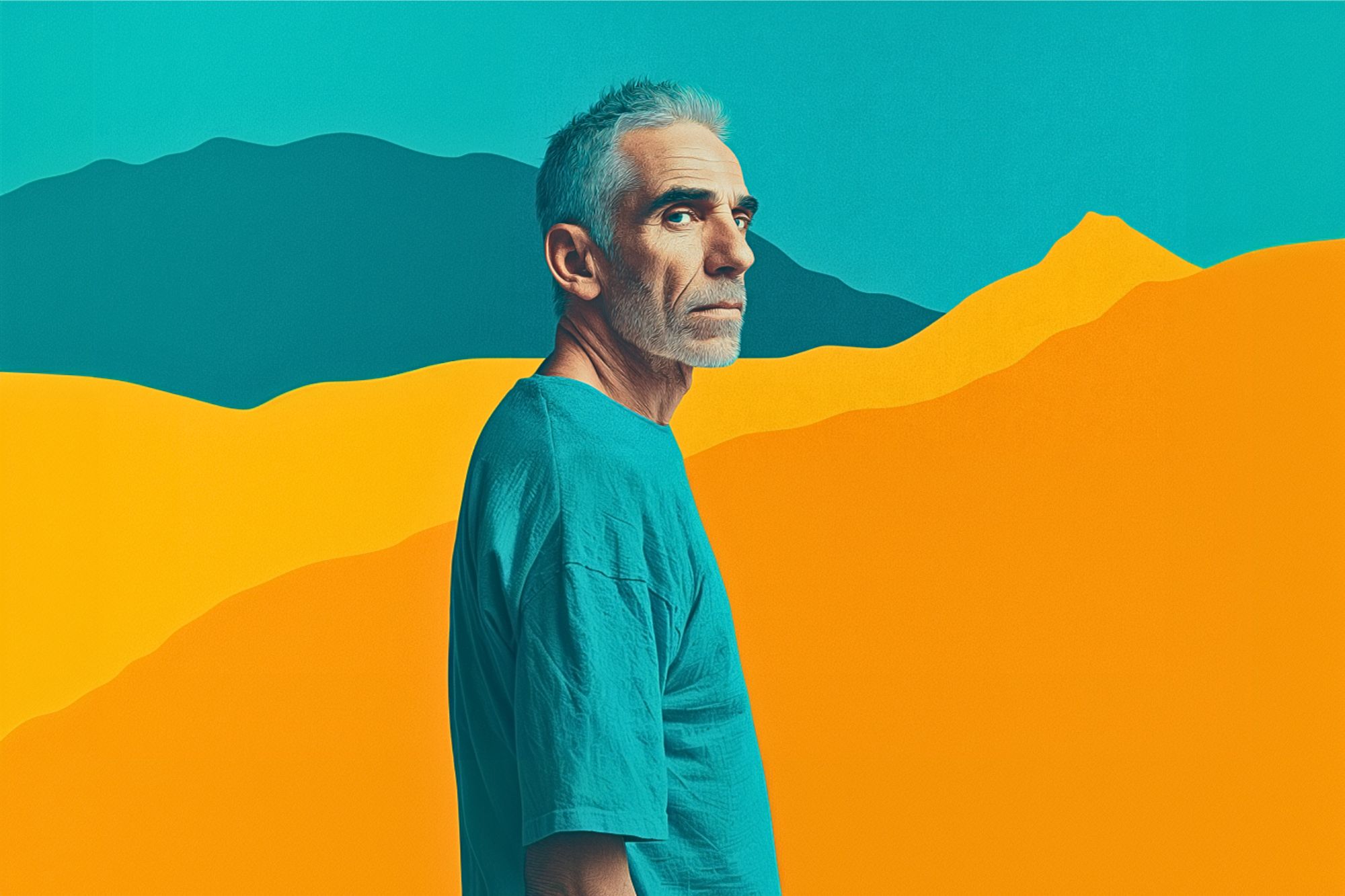 A man with short gray hair and a beard stands in profile, wearing a teal shirt against a vibrant, stylized background of yellow and blue mountains.