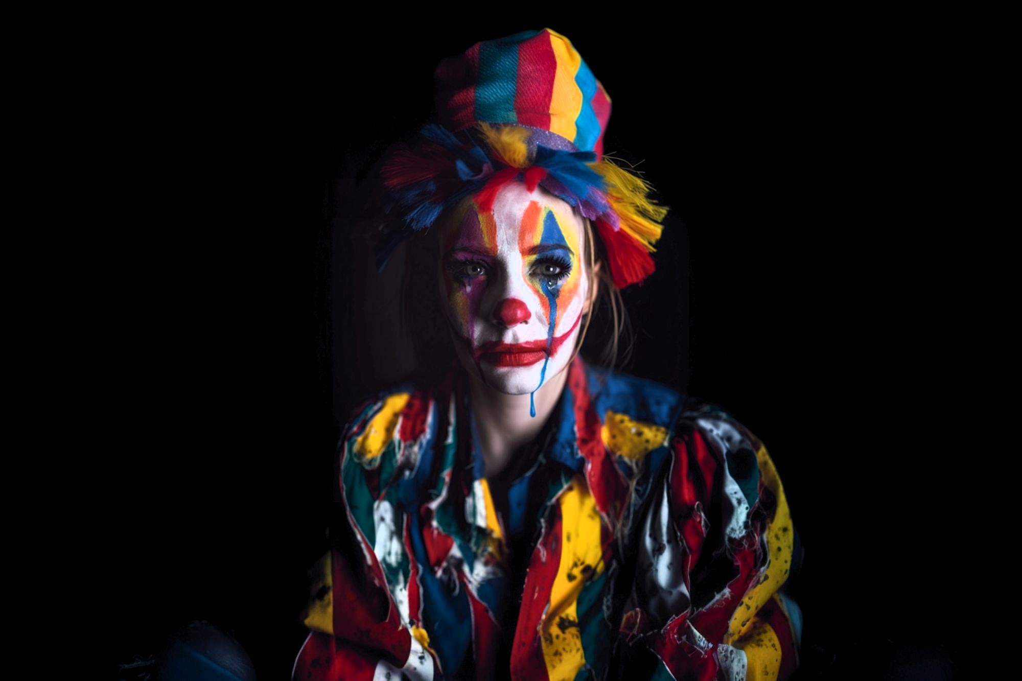A person dressed as a clown with colorful makeup, a rainbow-striped hat, and a vibrant, multicolored outfit sits against a dark background. The clown has smeared face paint and a somber expression.