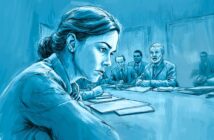 A woman sits at a table, looking serious and anxious, while four men in suits sit across from her in a formal meeting room. Papers are spread out on the table. The image is rendered in blue tones.