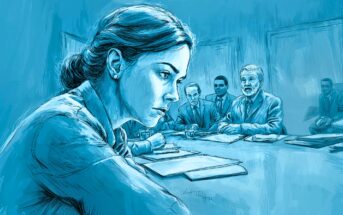 A woman sits at a table, looking serious and anxious, while four men in suits sit across from her in a formal meeting room. Papers are spread out on the table. The image is rendered in blue tones.