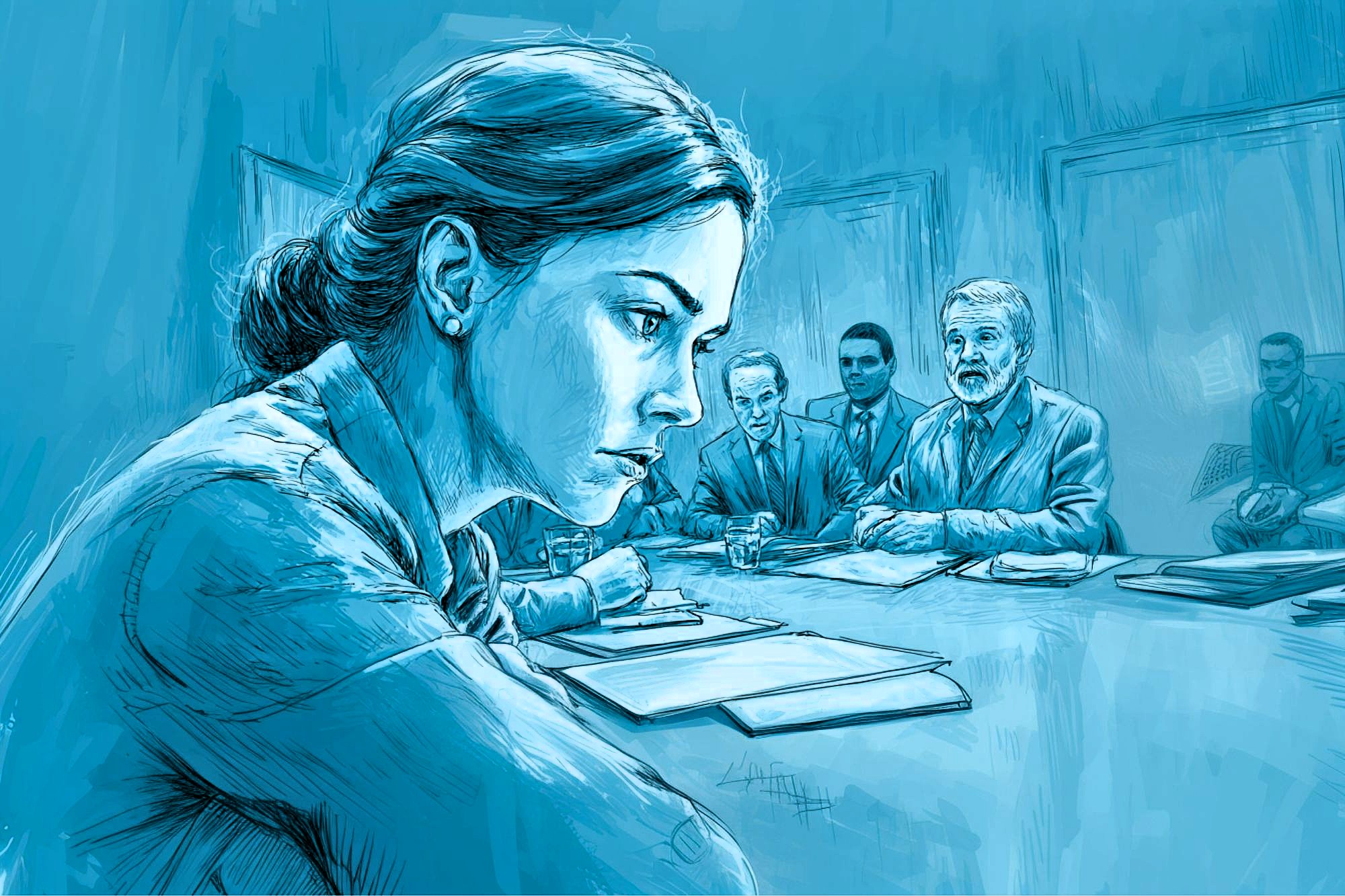 A woman sits at a table, looking serious and anxious, while four men in suits sit across from her in a formal meeting room. Papers are spread out on the table. The image is rendered in blue tones.