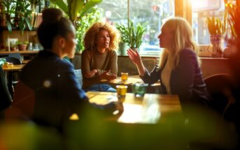 Three women sit at a sunlit café table, engaged in a lively conversation. Sunlight streams through the window, and green plants surround them, creating a warm and inviting atmosphere.