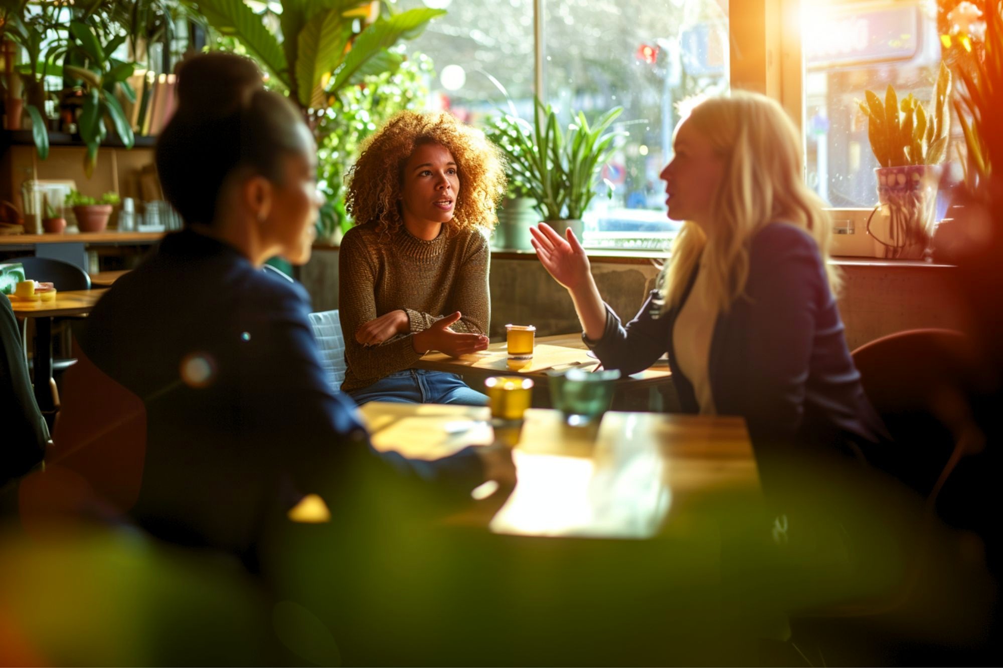 Three women sit at a sunlit café table, engaged in a lively conversation. Sunlight streams through the window, and green plants surround them, creating a warm and inviting atmosphere.