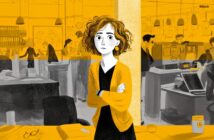 An illustrated woman with curly hair and a worried expression stands with folded arms in a busy office. The scene is mostly black and white, with yellow highlights on the woman, objects, and lighting.