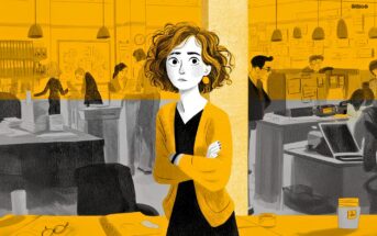 An illustrated woman with curly hair and a worried expression stands with folded arms in a busy office. The scene is mostly black and white, with yellow highlights on the woman, objects, and lighting.