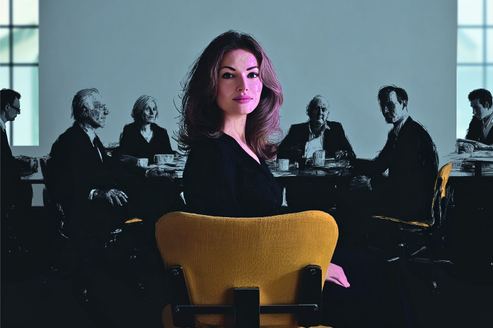 A woman in a black outfit sits on a yellow chair facing the camera, with several people blurred in the background around a conference table in a dimly lit room.