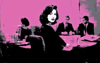 A stylized, pink and black image of a woman in a formal dress seated at a table with four people in suits, all appearing in a retro or pop art style. The woman looks over her shoulder toward the viewer.