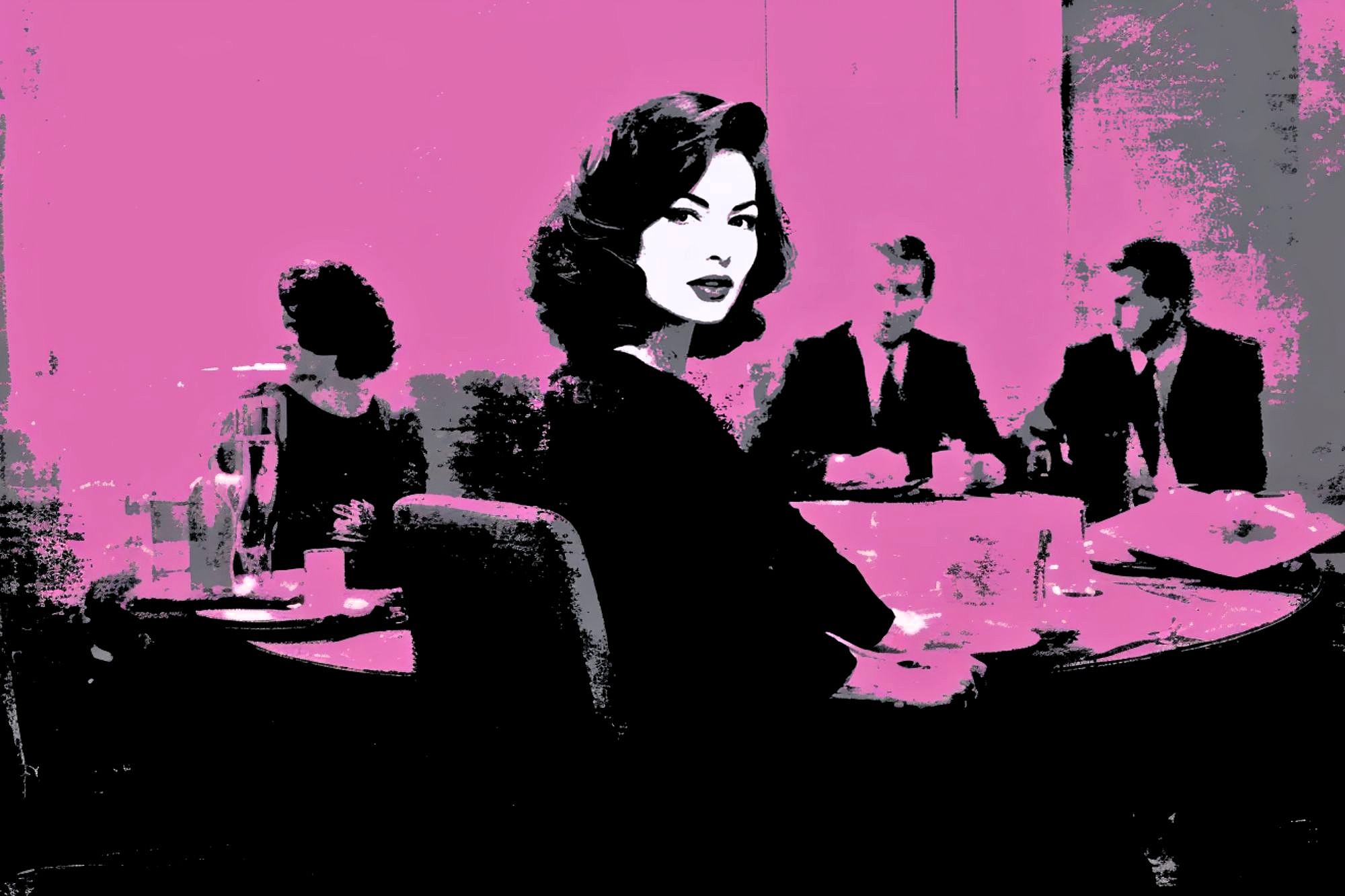 A stylized, pink and black image of a woman in a formal dress seated at a table with four people in suits, all appearing in a retro or pop art style. The woman looks over her shoulder toward the viewer.