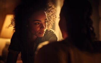 A woman with curly hair gazes intently at another person in a warmly lit room, with soft light from a lamp in the background creating a cozy and intimate atmosphere.