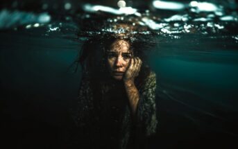 A woman with long hair and a distressed expression is submerged underwater, with her face partially visible above the surface. One hand rests on her cheek as light filters through the rippling water.