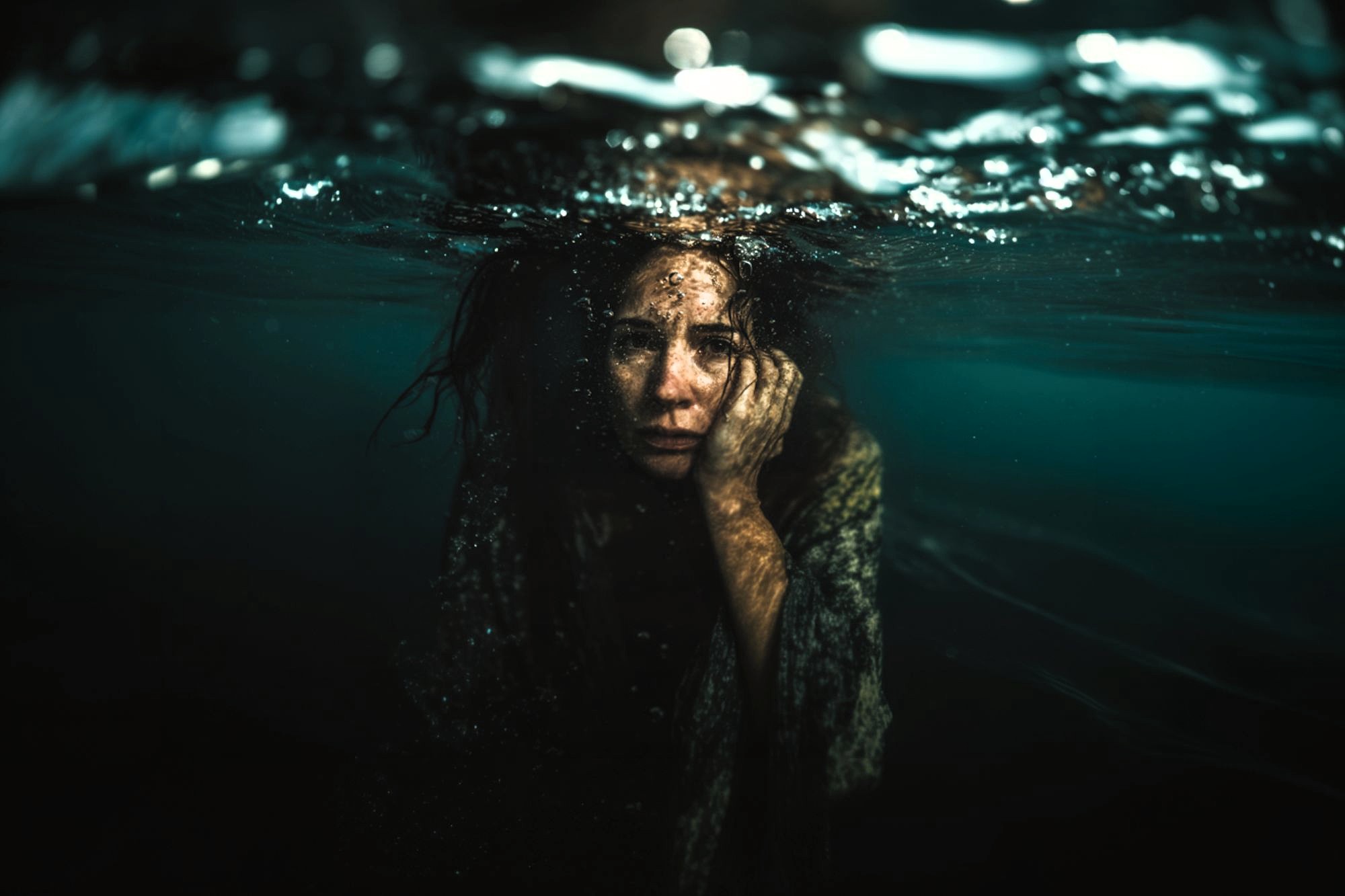 A woman with long hair and a distressed expression is submerged underwater, with her face partially visible above the surface. One hand rests on her cheek as light filters through the rippling water.