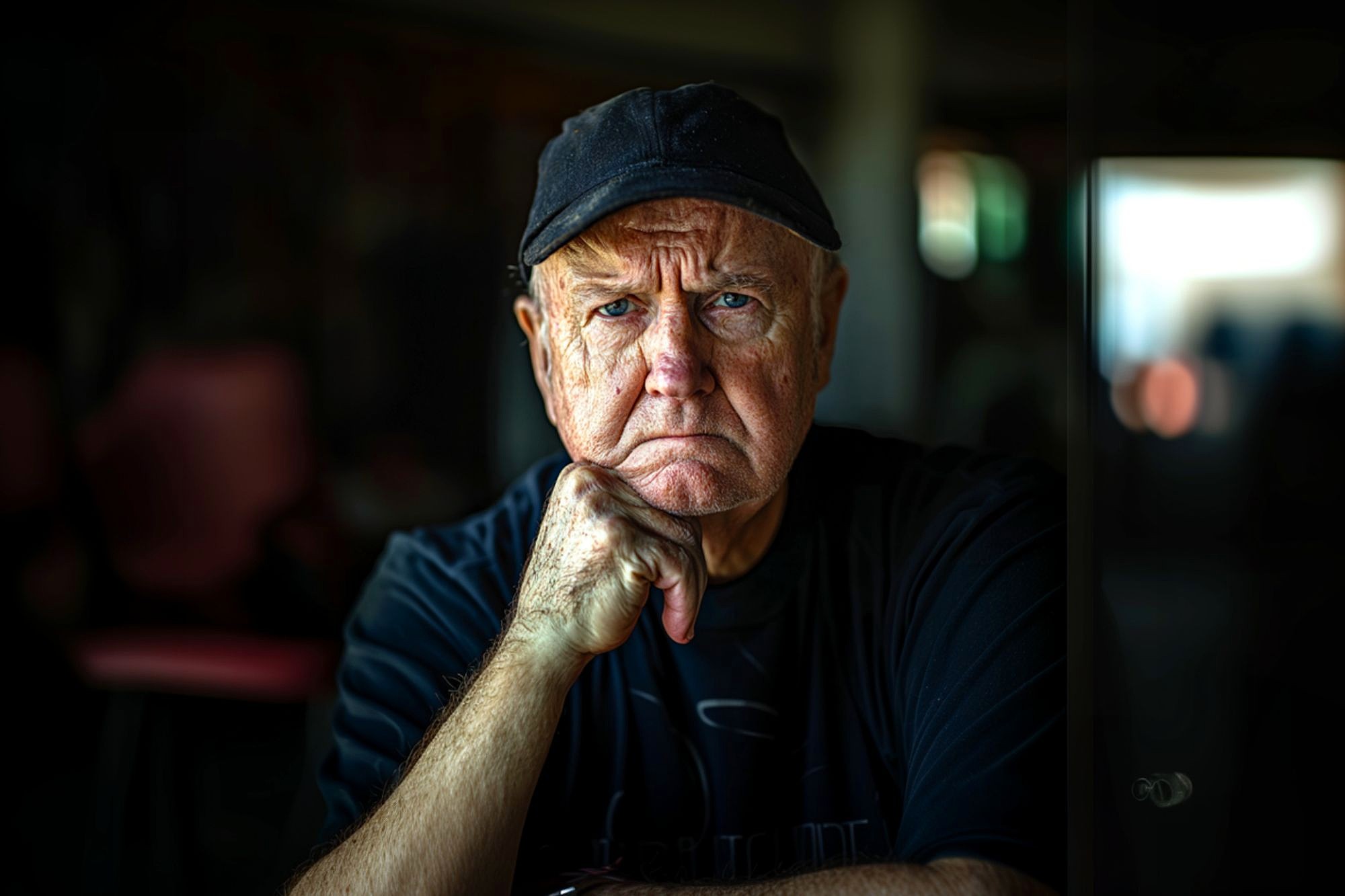 An elderly man wearing a black cap and dark shirt sits with his hand resting on his chin, looking thoughtfully at the camera. The background is blurred, drawing focus to his expressive face and contemplative expression.