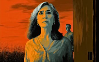 A woman with gray-streaked hair stands in the foreground looking serious, while a man stands behind a wooden structure. The background is bright orange, resembling a sunset or dramatic sky. The scene has a painted, stylized effect.