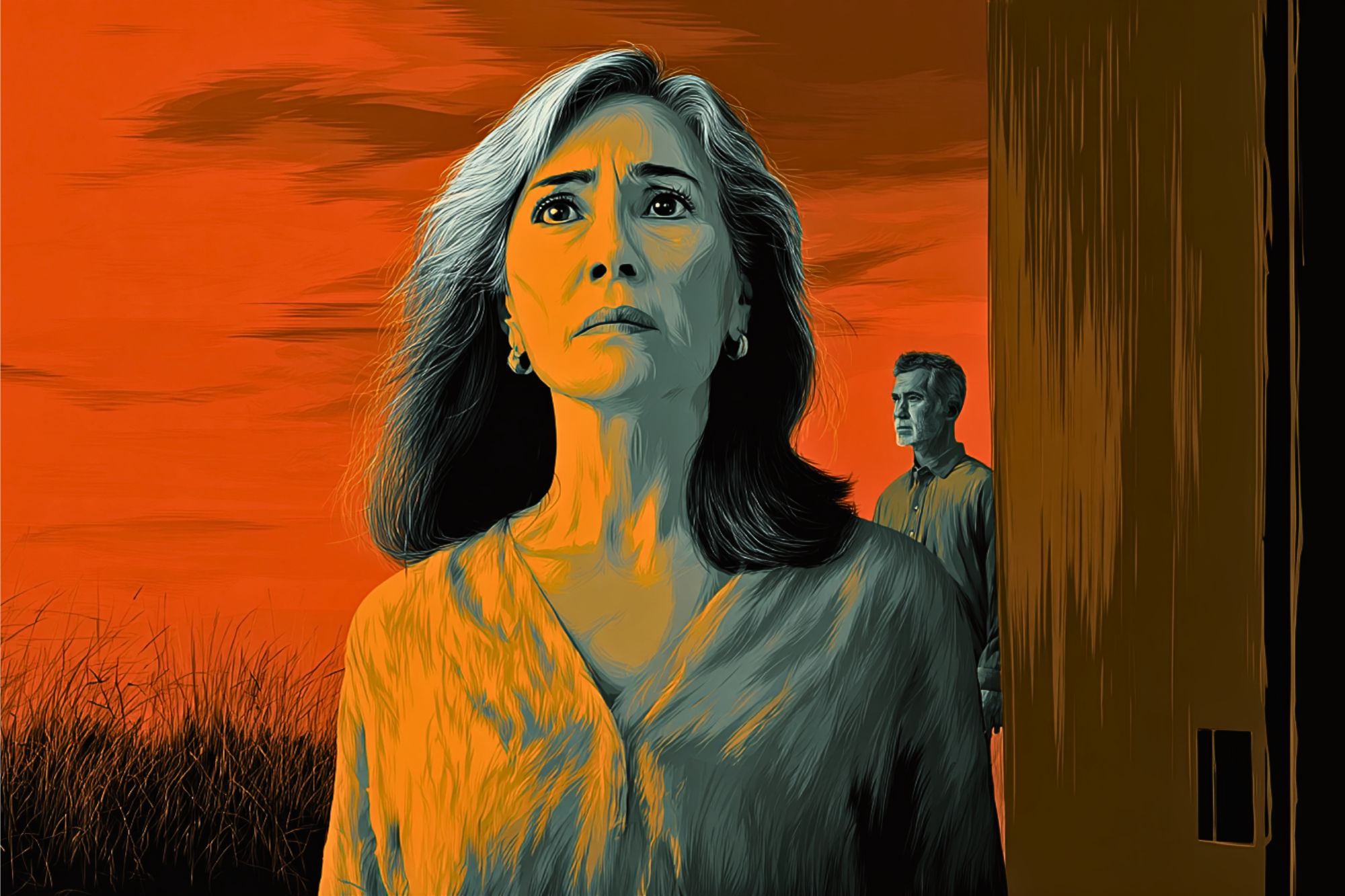 A woman with gray-streaked hair stands in the foreground looking serious, while a man stands behind a wooden structure. The background is bright orange, resembling a sunset or dramatic sky. The scene has a painted, stylized effect.