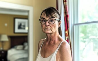 An older woman with glasses and straight brown hair pulled back stands indoors near a window, wearing a white tank top and looking seriously at the camera. A bedroom with a bed and framed picture is visible in the background.