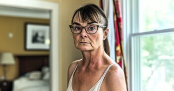 An older woman with glasses and straight brown hair pulled back stands indoors near a window, wearing a white tank top and looking seriously at the camera. A bedroom with a bed and framed picture is visible in the background.