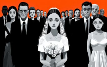 A bride in a white dress and veil holds a bouquet, standing solemnly in front of a group of serious, formally dressed people. The background is bright orange, and the overall color palette is black, white, and gray.