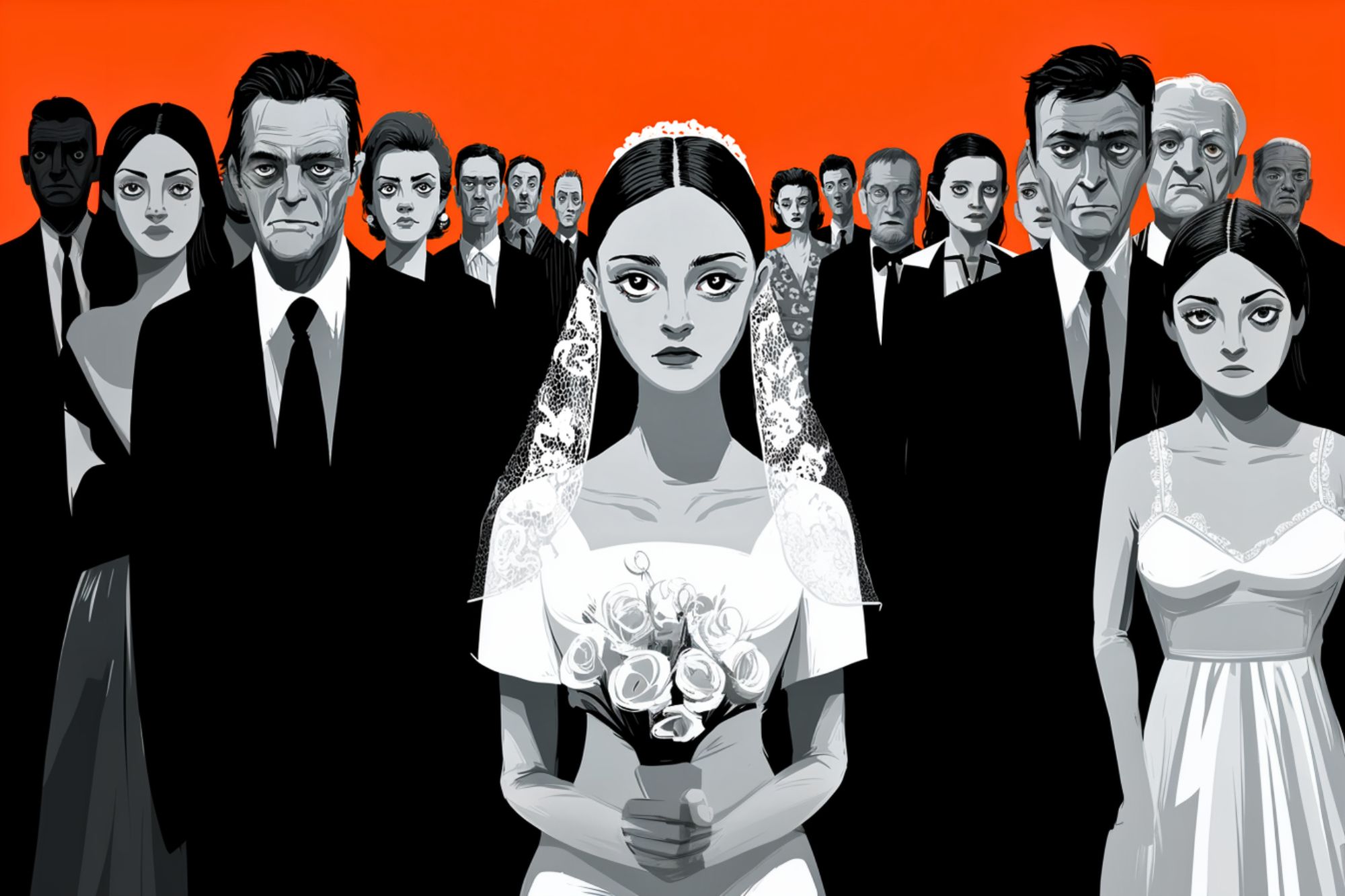 A bride in a white dress and veil holds a bouquet, standing solemnly in front of a group of serious, formally dressed people. The background is bright orange, and the overall color palette is black, white, and gray.