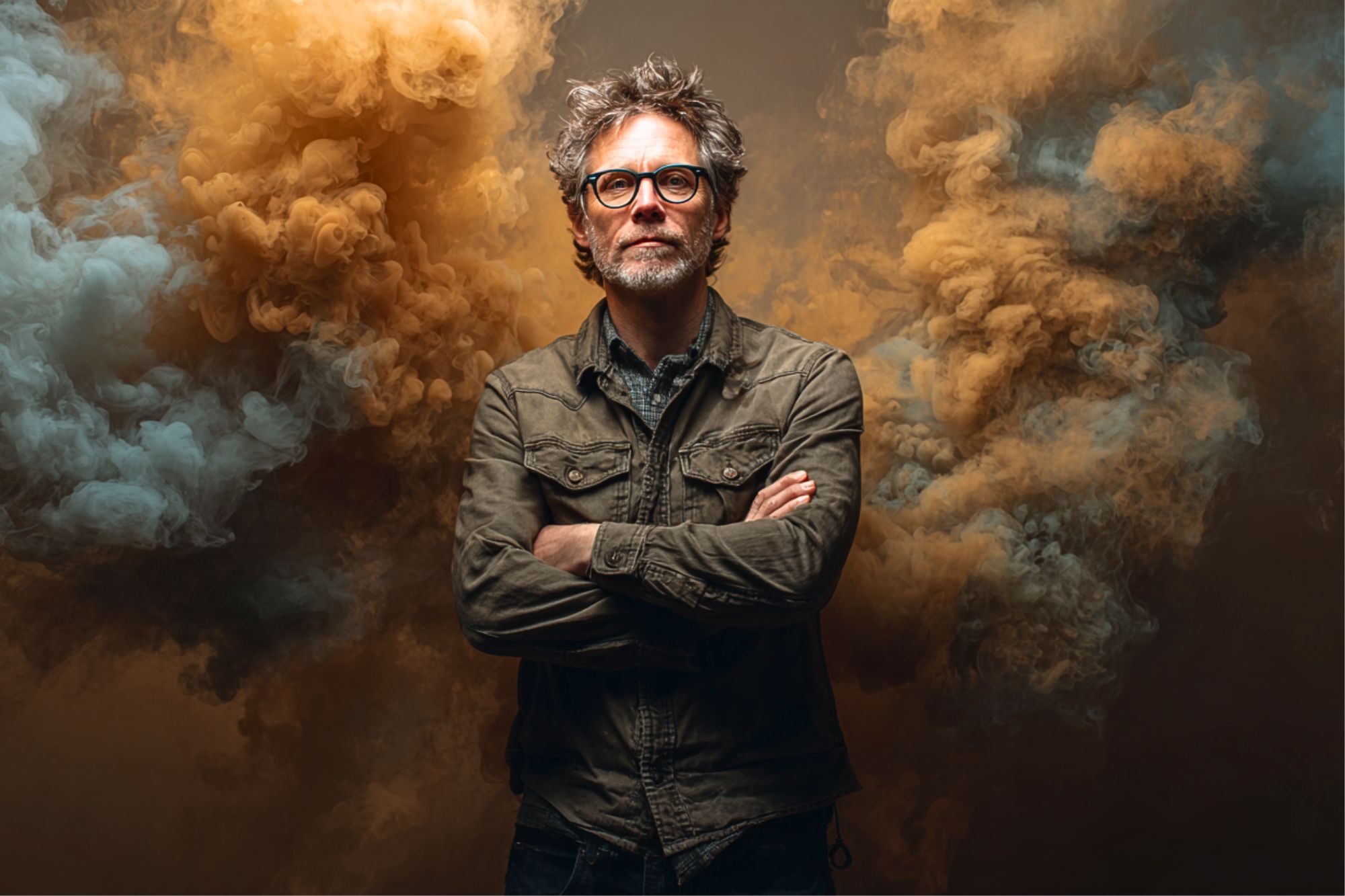 A man with gray hair and glasses stands confidently with arms crossed, wearing a casual jacket. Dramatic orange and blue smoke billows around him against a dark background.