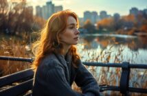A young woman with wavy red hair sits on a bench by a lake, wearing a gray sweater. Autumn trees and tall grass surround the water, with city buildings visible in the background under a soft, golden evening light.