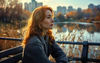A young woman with wavy red hair sits on a bench by a lake, wearing a gray sweater. Autumn trees and tall grass surround the water, with city buildings visible in the background under a soft, golden evening light.