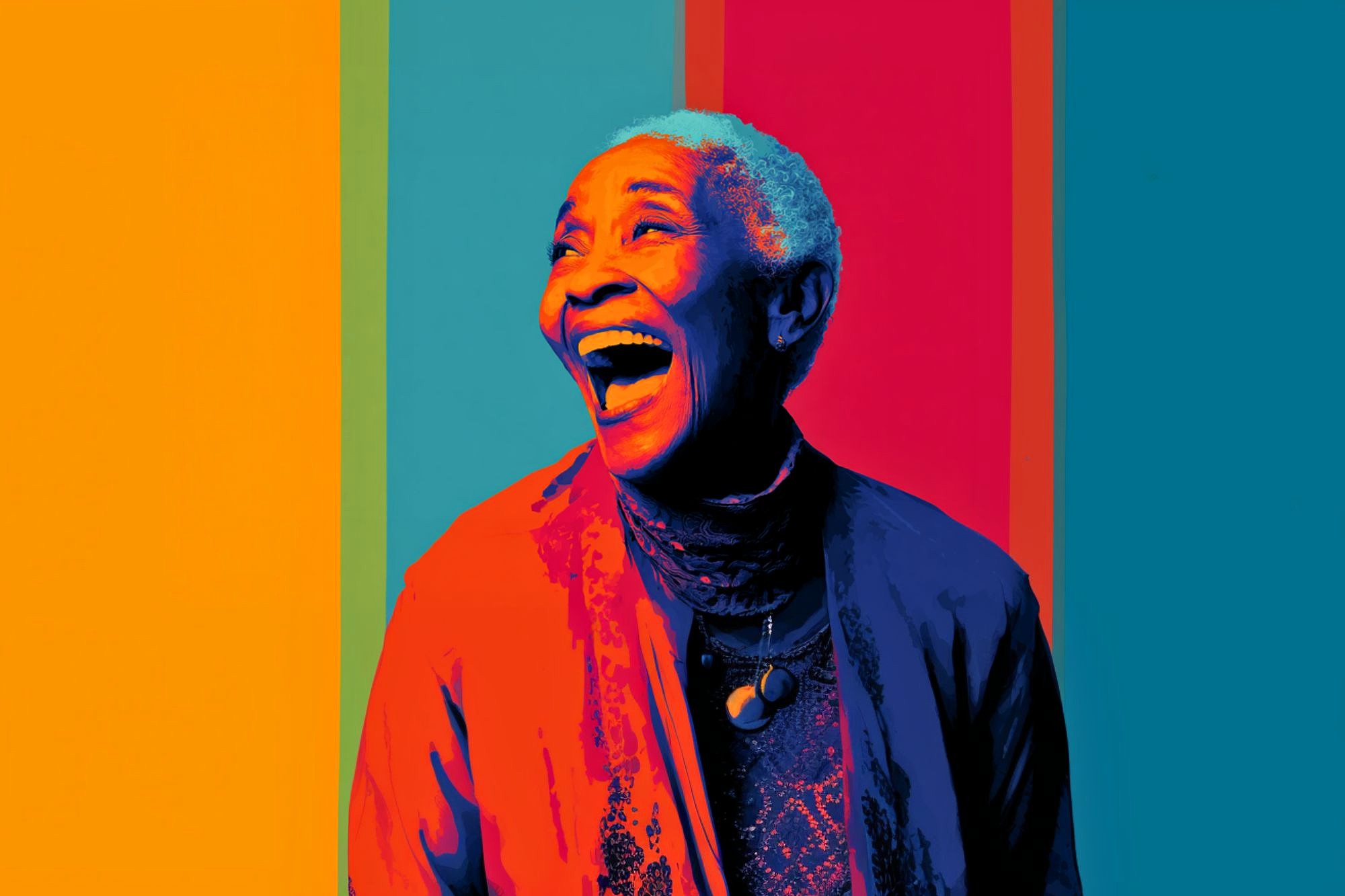 A smiling elderly woman with short white hair is depicted in vibrant, multicolored lighting, standing against a background of vertical stripes in orange, teal, red, and blue. She looks joyful and expressive.