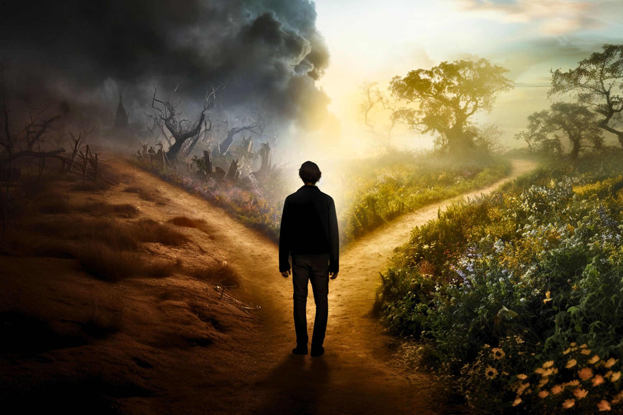 A person stands at a fork in a path, with one side leading to a dark, stormy landscape with dead trees and the other to a bright, sunny area filled with flowers and green trees.