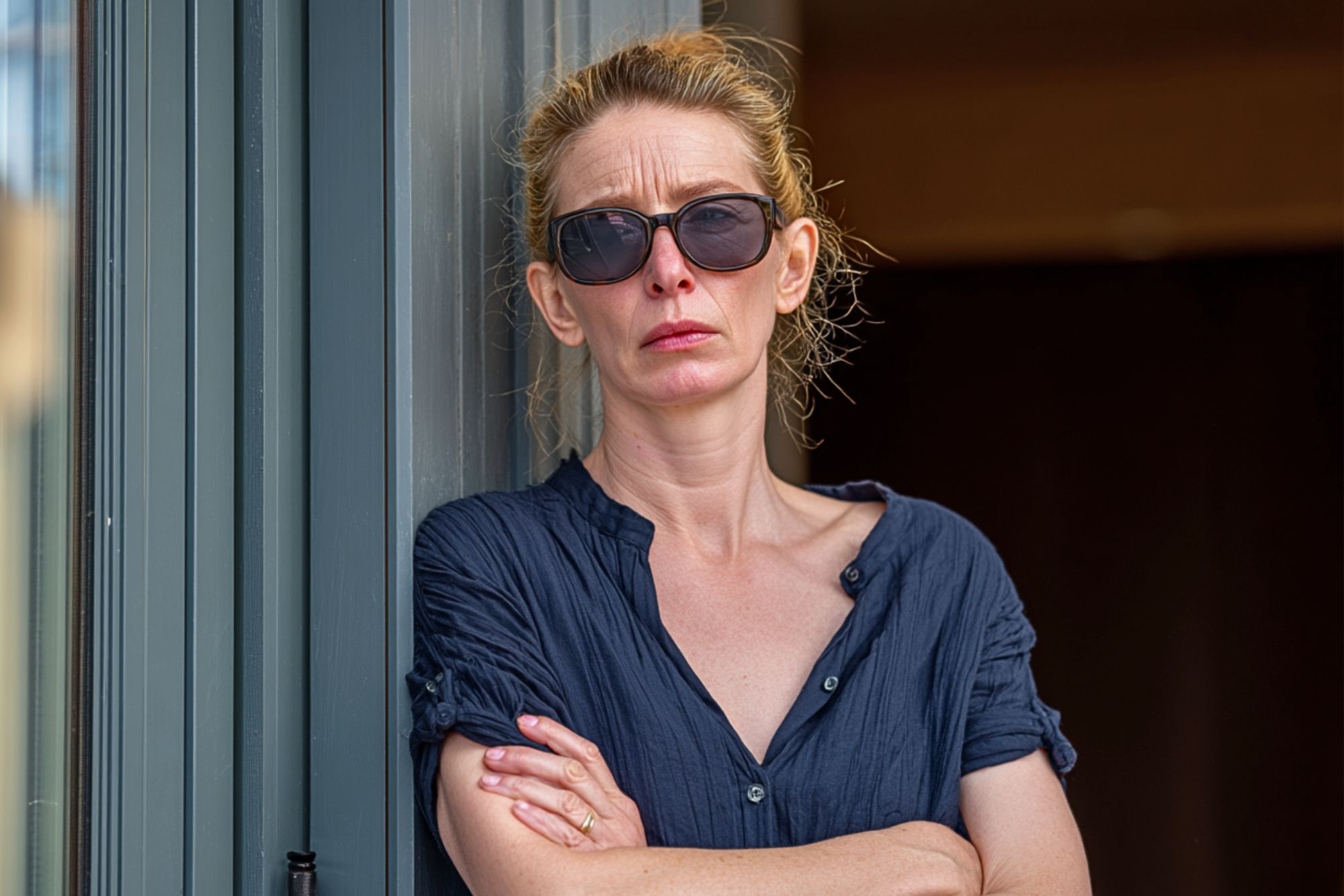 Woman with blonde hair in a bun, wearing dark sunglasses and a navy blue shirt, stands against a door frame with arms crossed, looking serious.