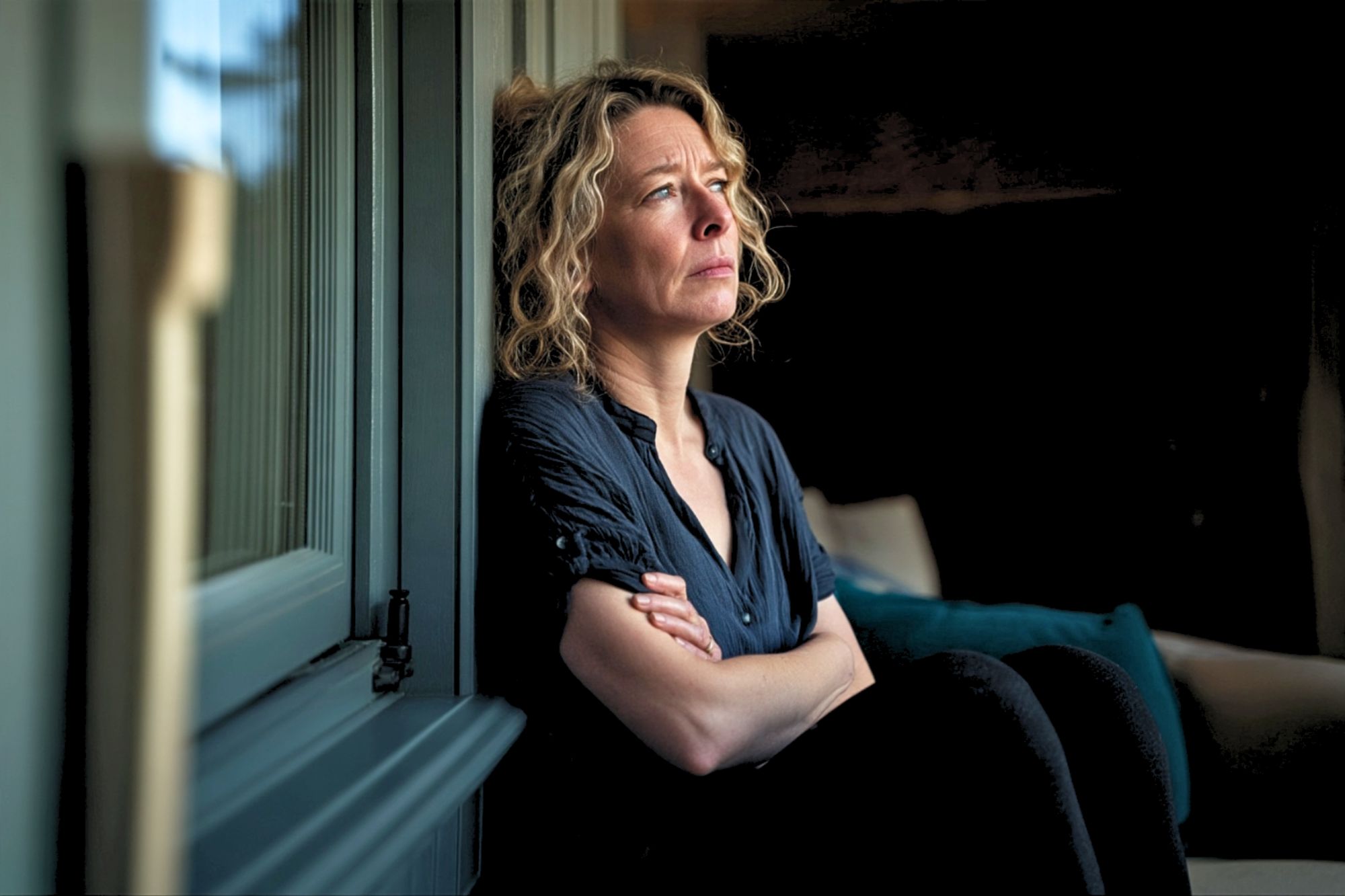 A woman with curly hair sits indoors by a window, arms crossed, gazing outside with a thoughtful and somber expression. The room is dimly lit, emphasizing her reflective mood.