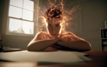 A person sits at a desk with papers, glowing orange energy radiating from their head, creating an electrified, intense atmosphere. Sunlight streams through a window in the background.