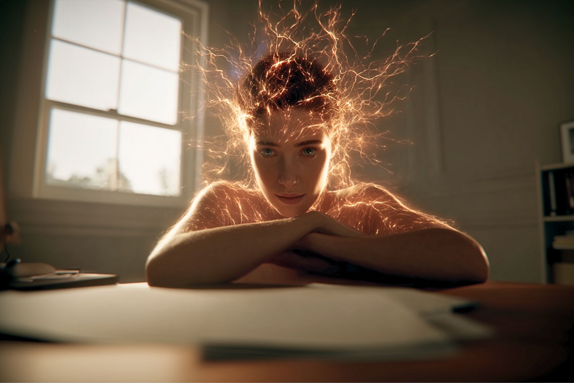 A person sits at a desk with papers, glowing orange energy radiating from their head, creating an electrified, intense atmosphere. Sunlight streams through a window in the background.