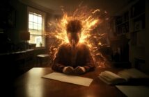 A person sits at a desk with papers, head down in concentration, while fiery, glowing energy bursts from behind their head, symbolizing intense focus or inspiration in a dimly lit study room.