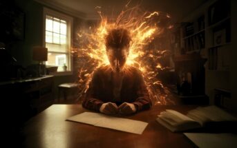 A person sits at a desk with papers, head down in concentration, while fiery, glowing energy bursts from behind their head, symbolizing intense focus or inspiration in a dimly lit study room.