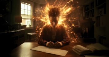 A person sits at a desk with papers, head down in concentration, while fiery, glowing energy bursts from behind their head, symbolizing intense focus or inspiration in a dimly lit study room.