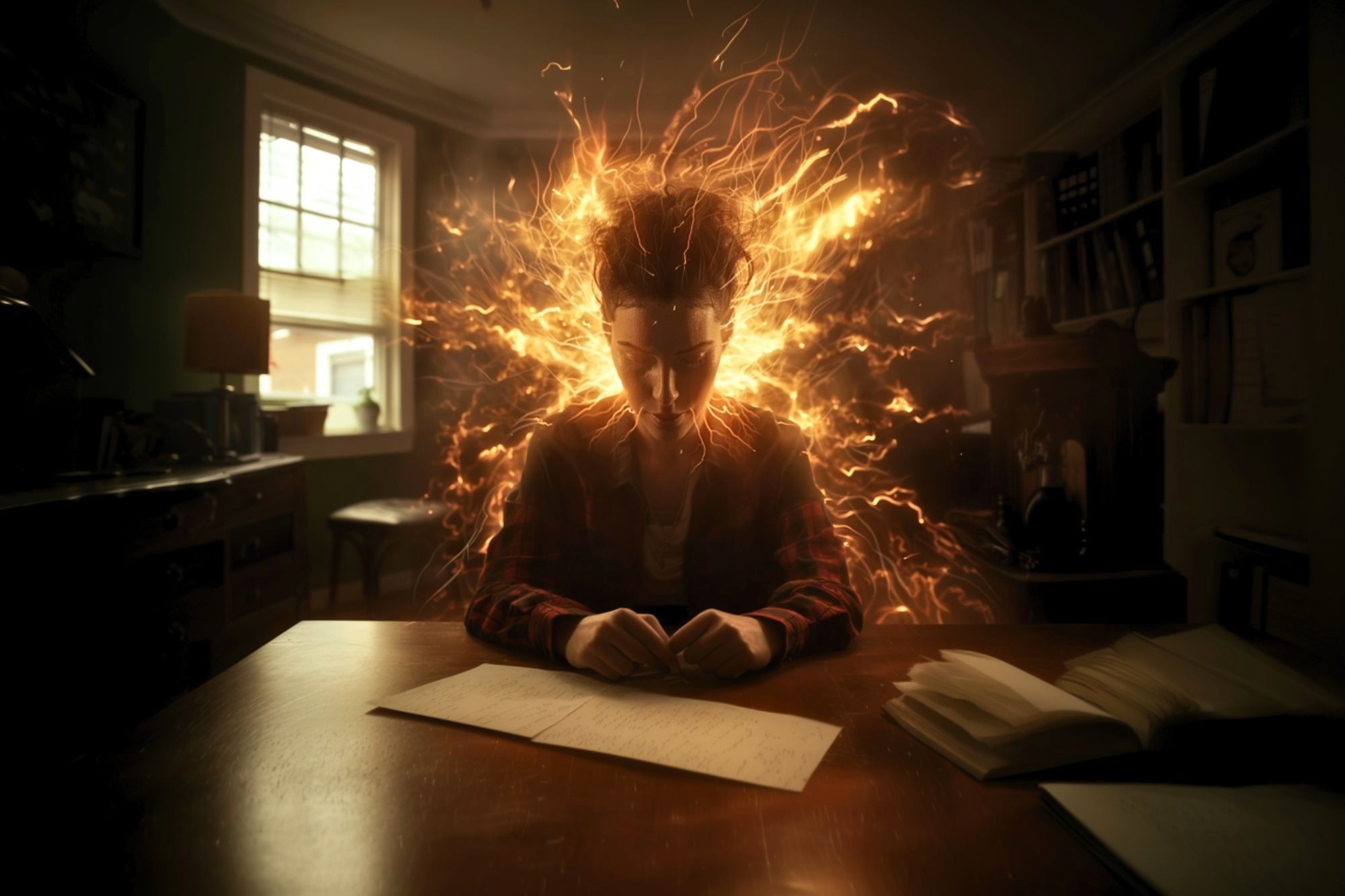 A person sits at a desk with papers, head down in concentration, while fiery, glowing energy bursts from behind their head, symbolizing intense focus or inspiration in a dimly lit study room.