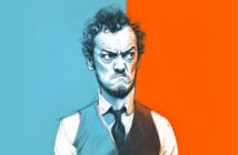 A man with curly hair and a beard, wearing a vest and tie, looks angrily to the side. The background is split vertically, half blue and half orange, creating a stark contrast.