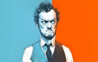 A man with curly hair and a beard, wearing a vest and tie, looks angrily to the side. The background is split vertically, half blue and half orange, creating a stark contrast.