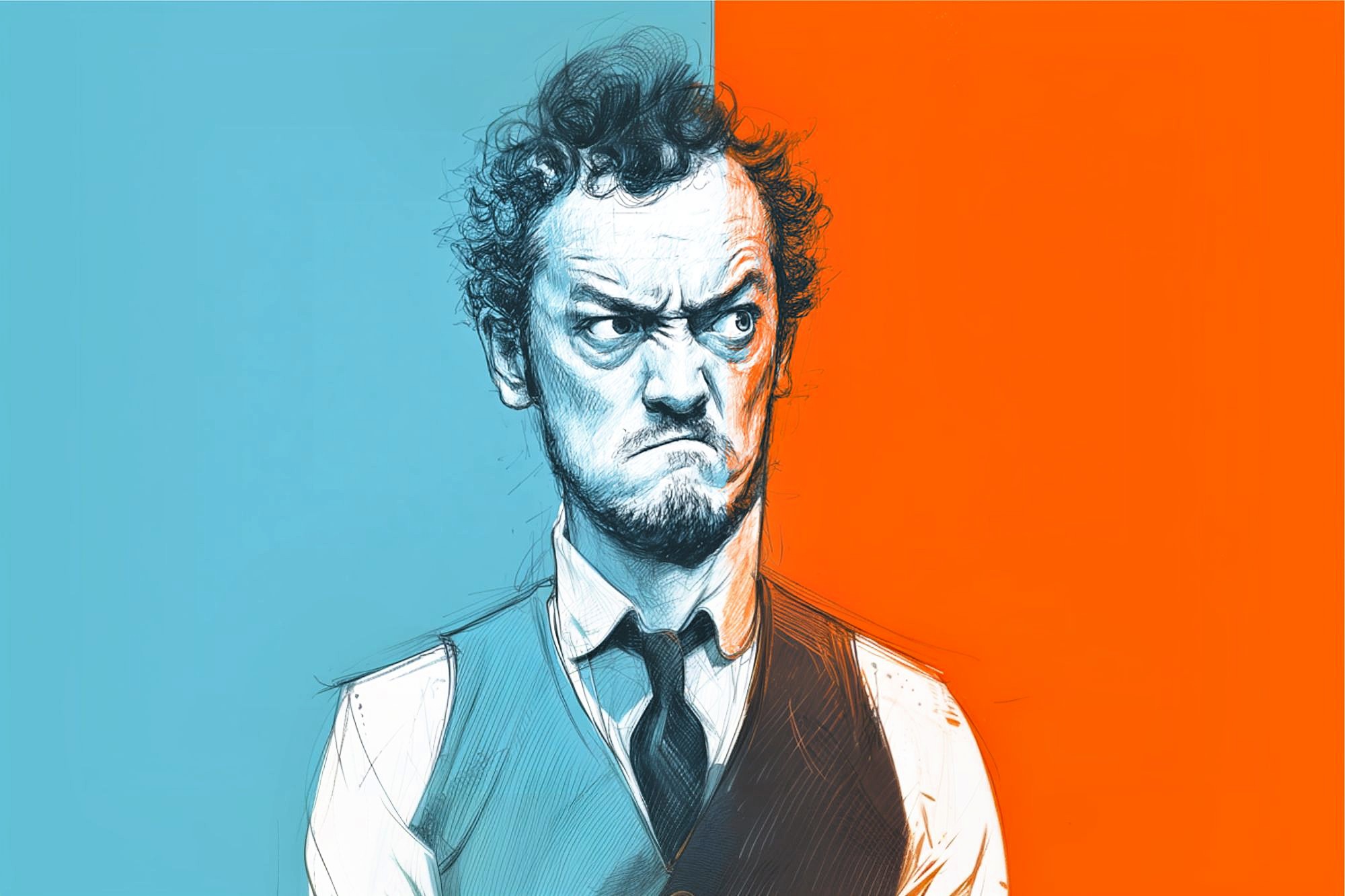 A man with curly hair and a beard, wearing a vest and tie, looks angrily to the side. The background is split vertically, half blue and half orange, creating a stark contrast.