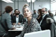 A woman with light hair in a loose bun, wearing large earrings and a patterned blouse, sits at a conference table, looking over her shoulder in a busy office meeting with several blurred people in the background.