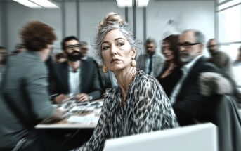 A woman with light hair in a loose bun, wearing large earrings and a patterned blouse, sits at a conference table, looking over her shoulder in a busy office meeting with several blurred people in the background.