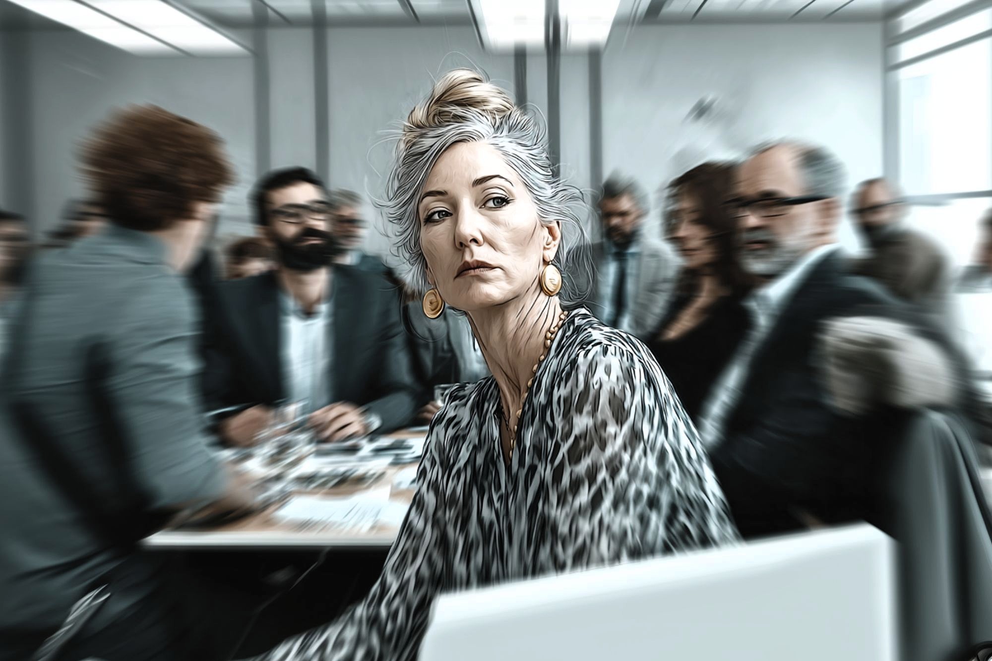A woman with light hair in a loose bun, wearing large earrings and a patterned blouse, sits at a conference table, looking over her shoulder in a busy office meeting with several blurred people in the background.