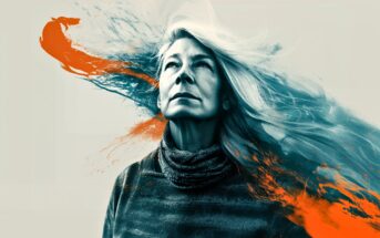 A mature woman gazes upward with determination, her long hair blending into dynamic, abstract orange and blue paint strokes that sweep across the image, creating a sense of energy and movement against a light background.